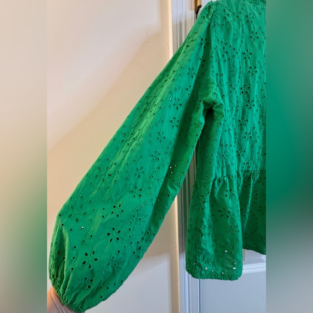 Kirundo Blouse Top Green Eyelet Bow long-sleeve textured, buttons tie-neck large - Picture 5 of 9